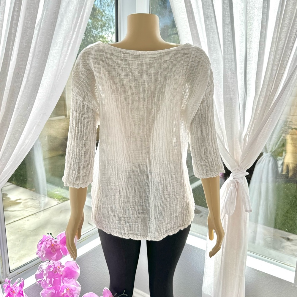 Catwalk Studio Womens White Linen Shirt Relaxed High Low 3/4 Sleeve Crinkle Top - Picture 3 of 5
